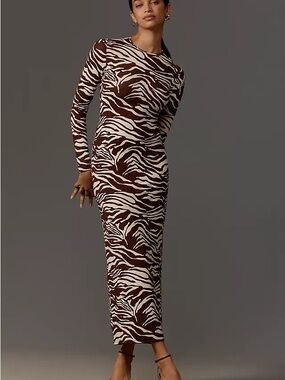 Reformation Tommie Kit Brown and Cream Zebra-Print Long Sleeve Maxi Dress
